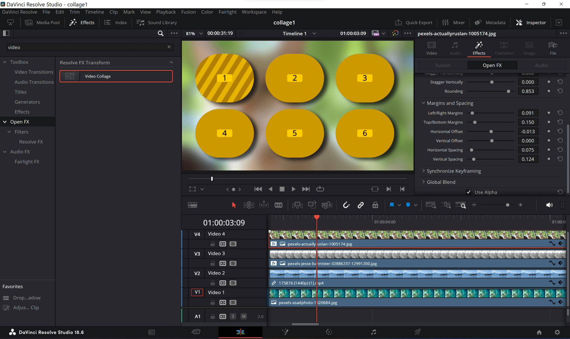 videocollage0 digital production Splitscreens ohne Masken – der Effekt Video Collage ist einfach, schnell und ziemlich flexibel einsetzbar. Hier die Layout-Vorschau: 2 Reihen, 3 Spalten, alles ziemlich rund mit Schlagschatten – der Blur-Effekt auf dem Hintergrundbild muss „unter“ dem Video Collage-Filter liegen.