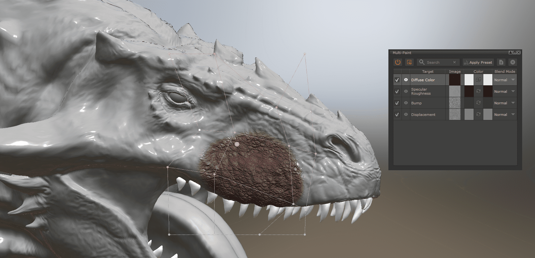 closeup of a detailed dragon head sculpture in gray showcasing textured skin and sharp teeth a digital user interface is visible on the side displaying options for color and detailing settings digital production Close-up of a detailed dragon head sculpture in gray, showcasing textured skin and sharp teeth. A digital user interface is visible on the side, displaying options for color and detailing settings.