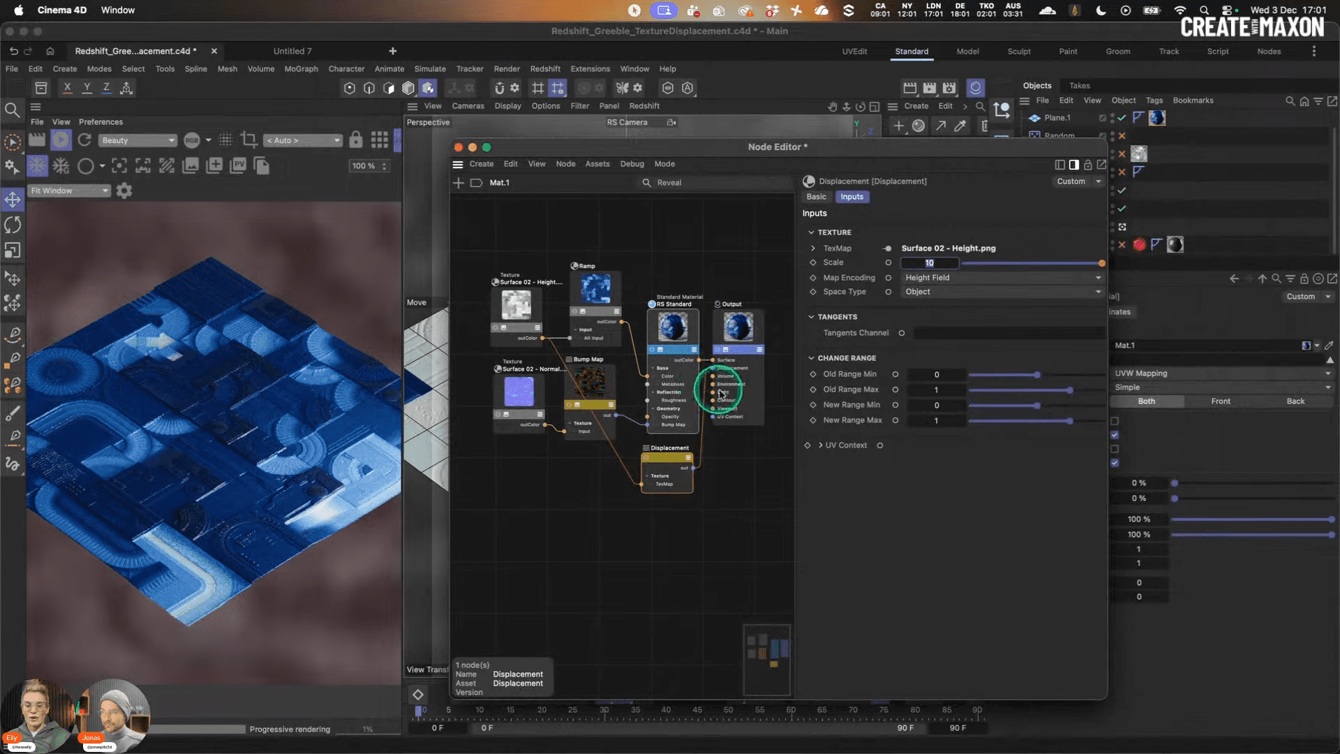 a computer screen displays a 3d modeling software interface featuring a complex node setup for texture manipulation on a bluetinted abstract model two avatars are shown at the bottom digital production A computer screen displays a 3D modeling software interface, featuring a complex node setup for texture manipulation on a blue-tinted abstract model. Two avatars are shown at the bottom.