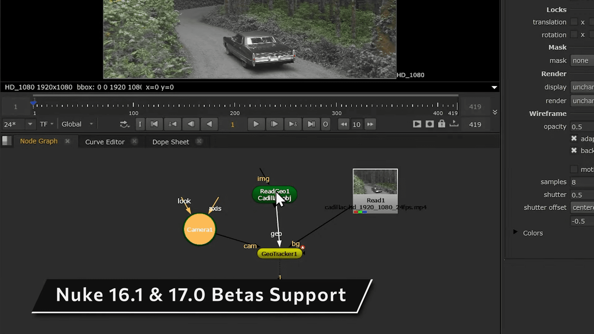 an interface screenshot from the nuke software featuring a node graph a vintage car is visible in a greyscale background within the viewer the nuke version label highlights support for 161 and 170 betas at the bottom digital production An interface screenshot from the Nuke software featuring a node graph. A vintage car is visible in a grey-scale background within the viewer. The Nuke version label highlights support for 16.1 and 17.0 betas at the bottom.