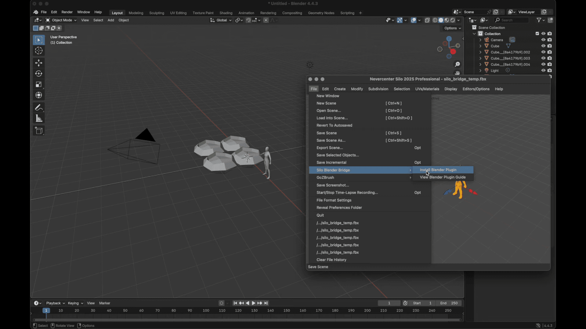 a digital workspace in blender 3d software shows a 3d scene with a black triangular pyramid several gray hexagons and a small humanoid figure a menu is open on the right highlighting an option to enable a view render plugin the grid floor adds depth to the scene digital production A digital workspace in Blender 3D software shows a 3D scene with a black triangular pyramid, several gray hexagons, and a small humanoid figure. A menu is open on the right, highlighting an option to enable a 'View Render Plugin.' The grid floor adds depth to the scene.