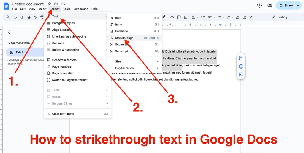 How to cross out text on google docs